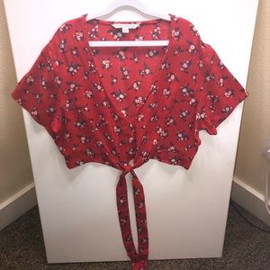 American Eagle Red Floral Tie Front Crop Top